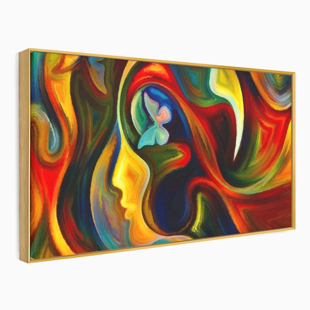 Tablou canvas cu pictura abstracta cu profil uman si fluturi, in rama de aluminiu auriu